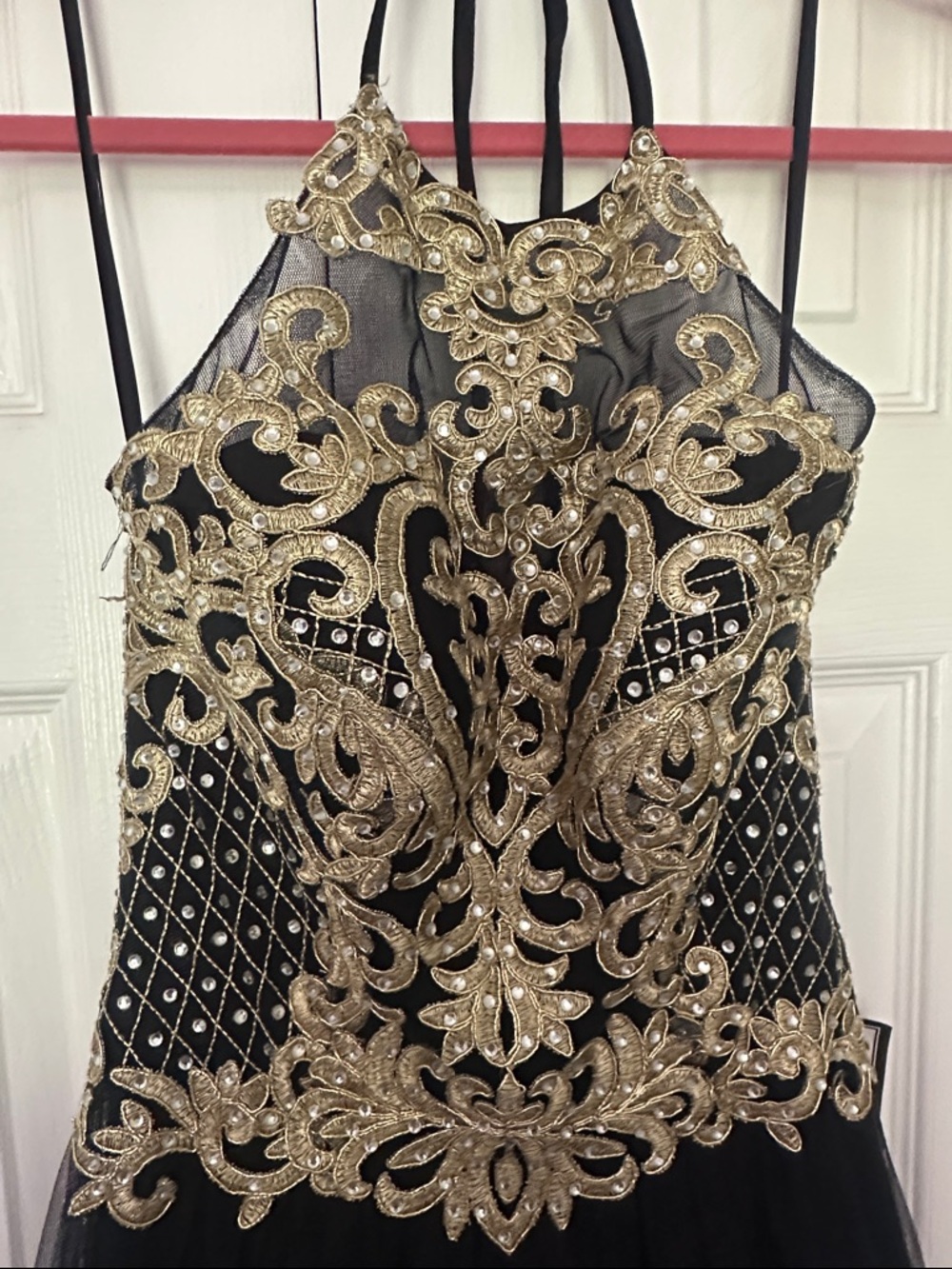 Black Evening Gown with Gold Embroidered Bodice